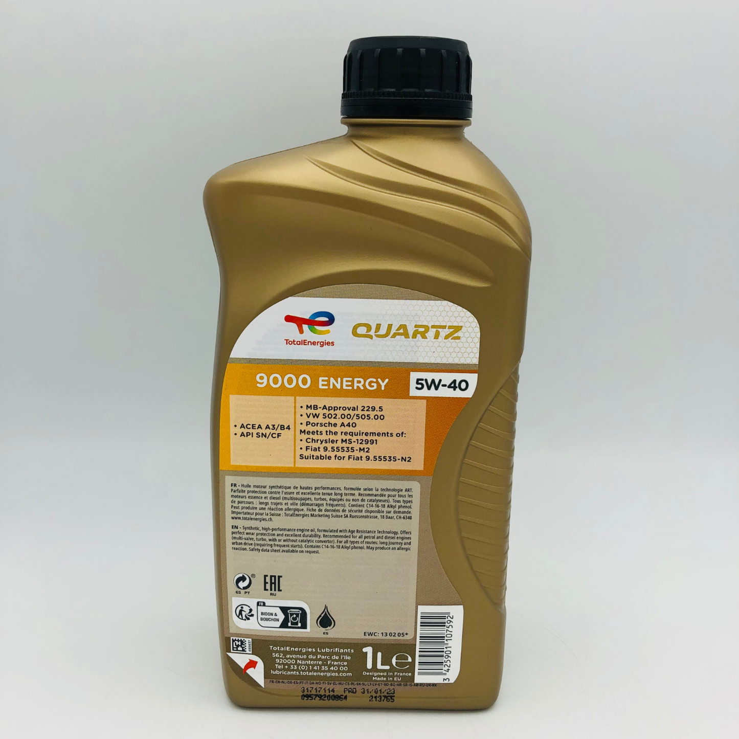 Total Quartz 9000 Energy 5W-40 Synthetic Technology Engine Oil Back Label