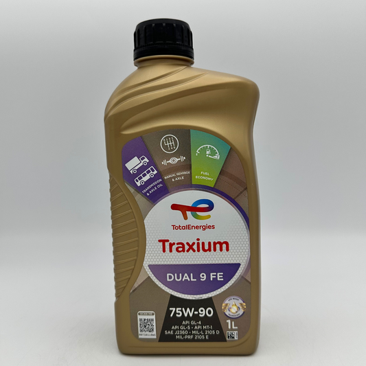 Total Traxium Dual 9 FE 75W-90 Synthetic Gear Oil - 1 Litre Front label