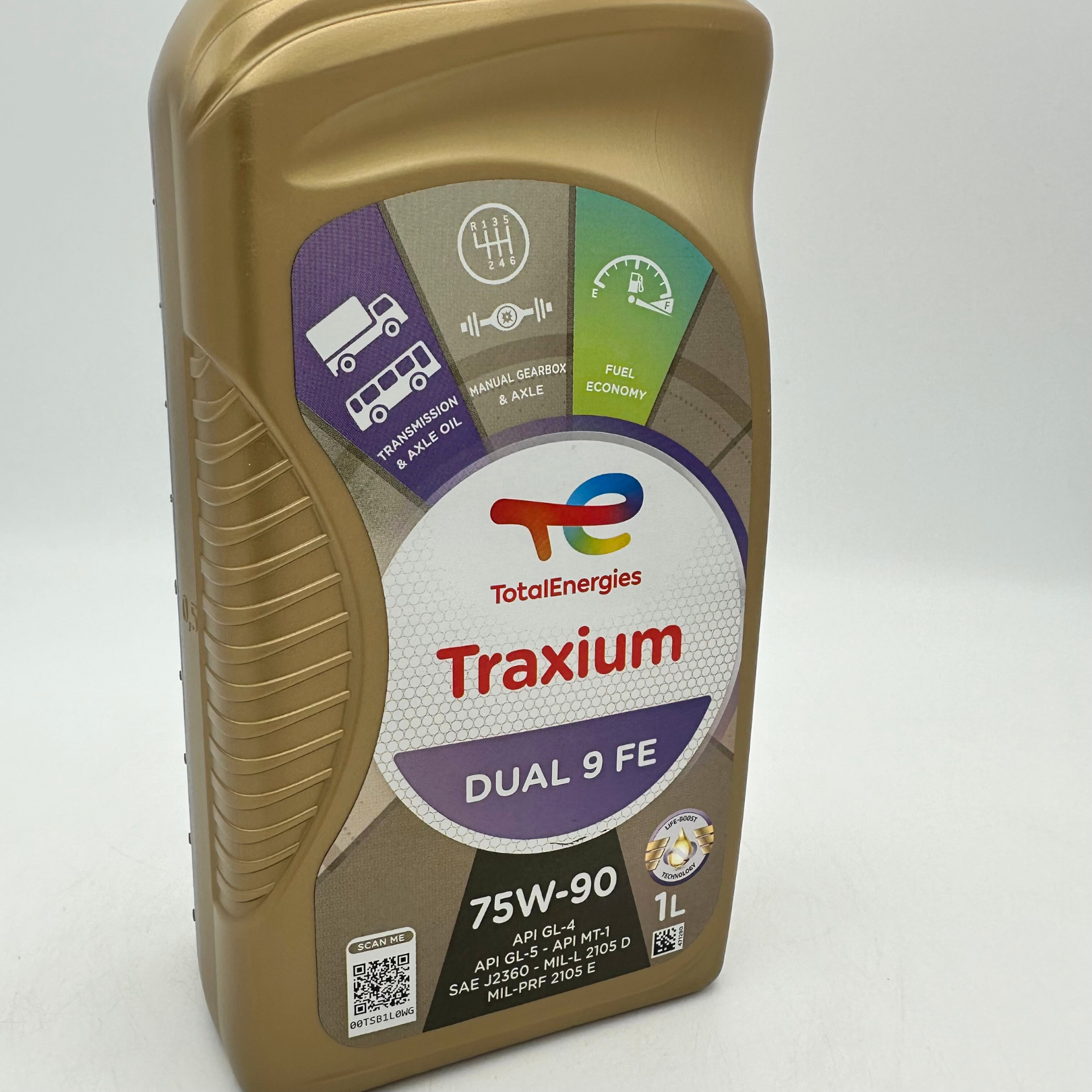 Total Traxium Dual 9 FE 75W-90 Synthetic Gear Oil - 1 Litre Side Profile