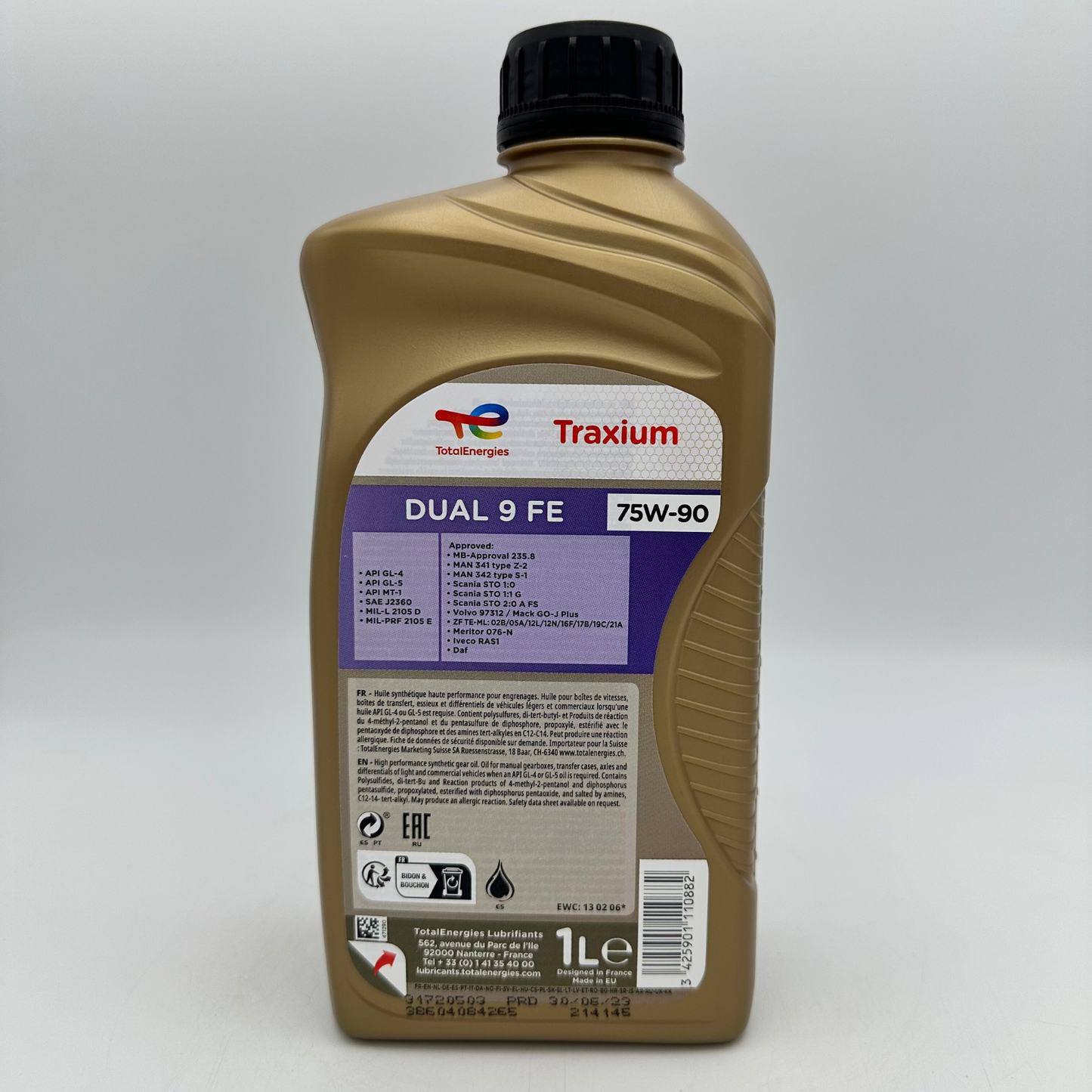 Total Traxium Dual 9 FE 75W-90 Synthetic Gear Oil - 1 Litre Back Label