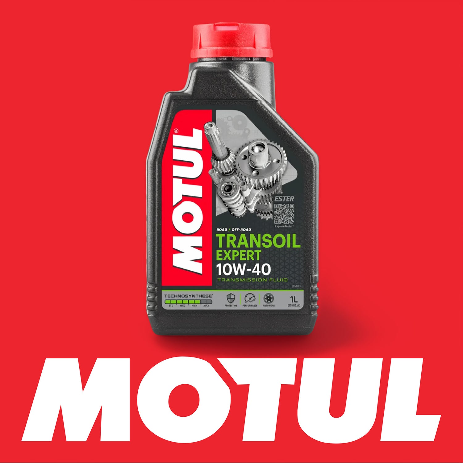 Motul Transoil Expert 10W-40 Transmission Oil on red background with Motul Logo