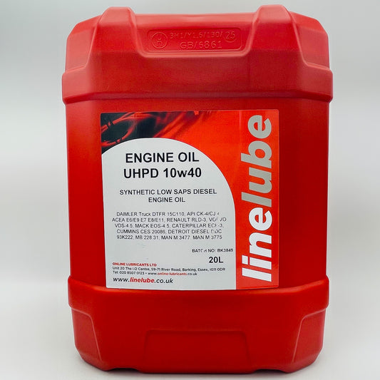 Red container of Linelube engine oil on a white background