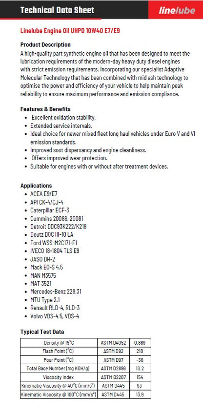 Technical data sheet for Lindehube Engine Oil UHPD 10W-40 E7/E9 with product description, features, and specifications.