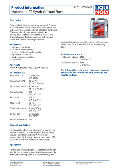 Liqui Moly 2 Stroke Offroad 2T Synth Race Motorbike Engine Oil API TC - 4 Litre