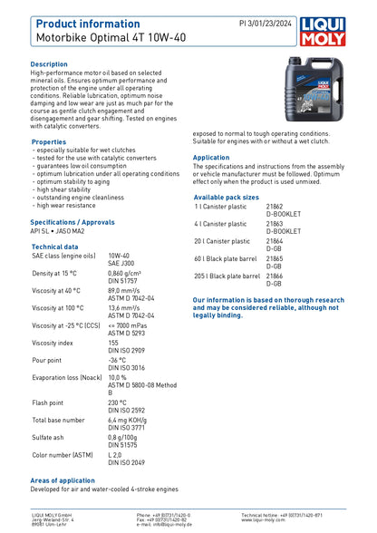 Liqui Moly 4T 10W-40 Optimal Motorbike Engine Oil API SL/JASO MA2 - Data Sheet