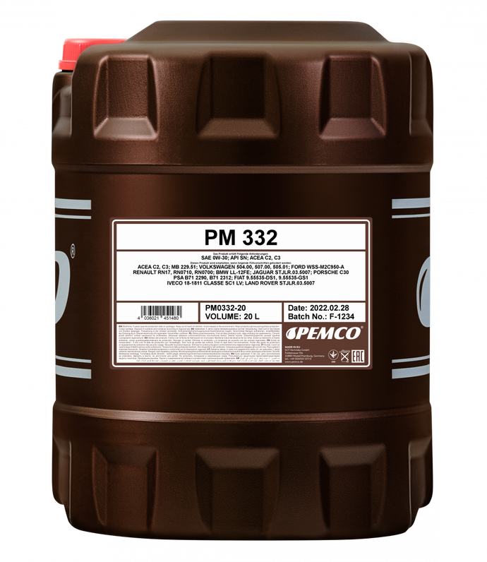 PEMCO PM 332 SAE 0W-30 ACEA C2/C3 API SN PSA B71 2290 2312 Engine Oil